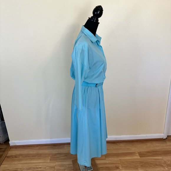 Vtg Womens Aqua Shirt Dress Belted Pockets By Vicki Waynes Midi 80s Housewife - Picture 8 of 14